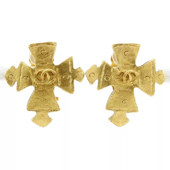 CHANEL COCO Mark Cross Earring vintage Plated Gold cross 12.5g Women